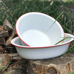 Bol profond <span class=keywords><strong>en</strong></span> émail de porcelaine de gros, 32 cm, 34 cm, 36 cm, OEM, blanc métallique, vaisselle de cuisine, lavabos <span class=keywords><strong>en</strong></span> émail avec bord bleu - Product Image 5