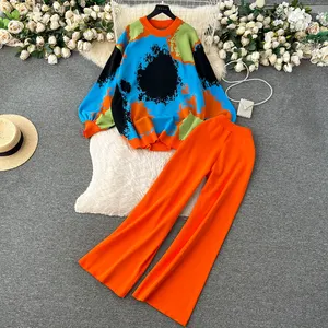 Set sweter longgar warna permen Dubai Modern Fashion wanita dua potong atasan pullover rajutan dan set celana kaki lebar grosir HN23