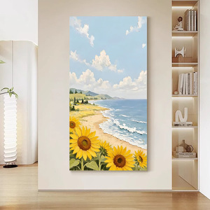 Peinture à l'huile peinte à la main, fleurs au bord de la mer, effet 3D, art suspendu en bois sans cadre pour la décoration d'entrée et de couloir - Product Image 3