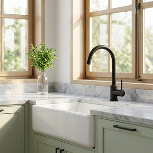 Rubinetto da <span class=keywords><strong>cucina</strong></span> monocomando <span class=keywords><strong>nero</strong></span> <span class=keywords><strong>opaco</strong></span> ad arco alto per lavello da fattoria, rubinetto moderno da lavello a montaggio su piano con rotazione a 360° °   Beccuccio Girevole - Product Image 1