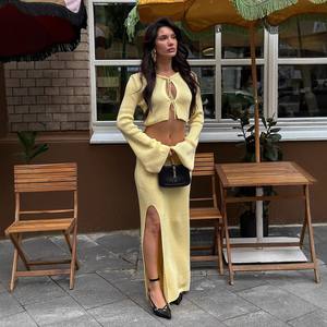 Blubelle kadın rahat 2-Piece Set sonbahar örgü dantel uzun kollu trompet kollu hırka & bölünmüş diz boyu etek kış için - Product Image 1