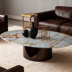 Bàn ăn hình oval chân kim loại mạ vàng hiện đại, bàn trà hình tròn oval mặt đá cẩm thạch cho nội thất gia đình - Product Image 5