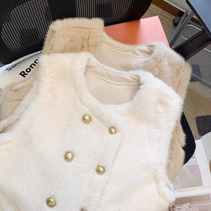 <span class=keywords><strong>Gilet</strong></span> élégant en fausse fourrure pour <span class=keywords><strong>femme</strong></span>, style cardigan tricoté à double boutonnage, pull sans manches épais et <span class=keywords><strong>chaud</strong></span> en peluche pour l'hiver - Product Image 2