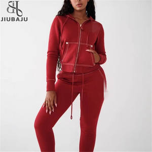 เสื้อครอปฮู้ดดี้ผู้หญิงแบบมีเชือกผูกเอว แต่งผ้าแบบแพทช์เวิร์ค พร้อมกางเกงขายาว ชุดเซ็ตสองชิ้น - Product Image 2