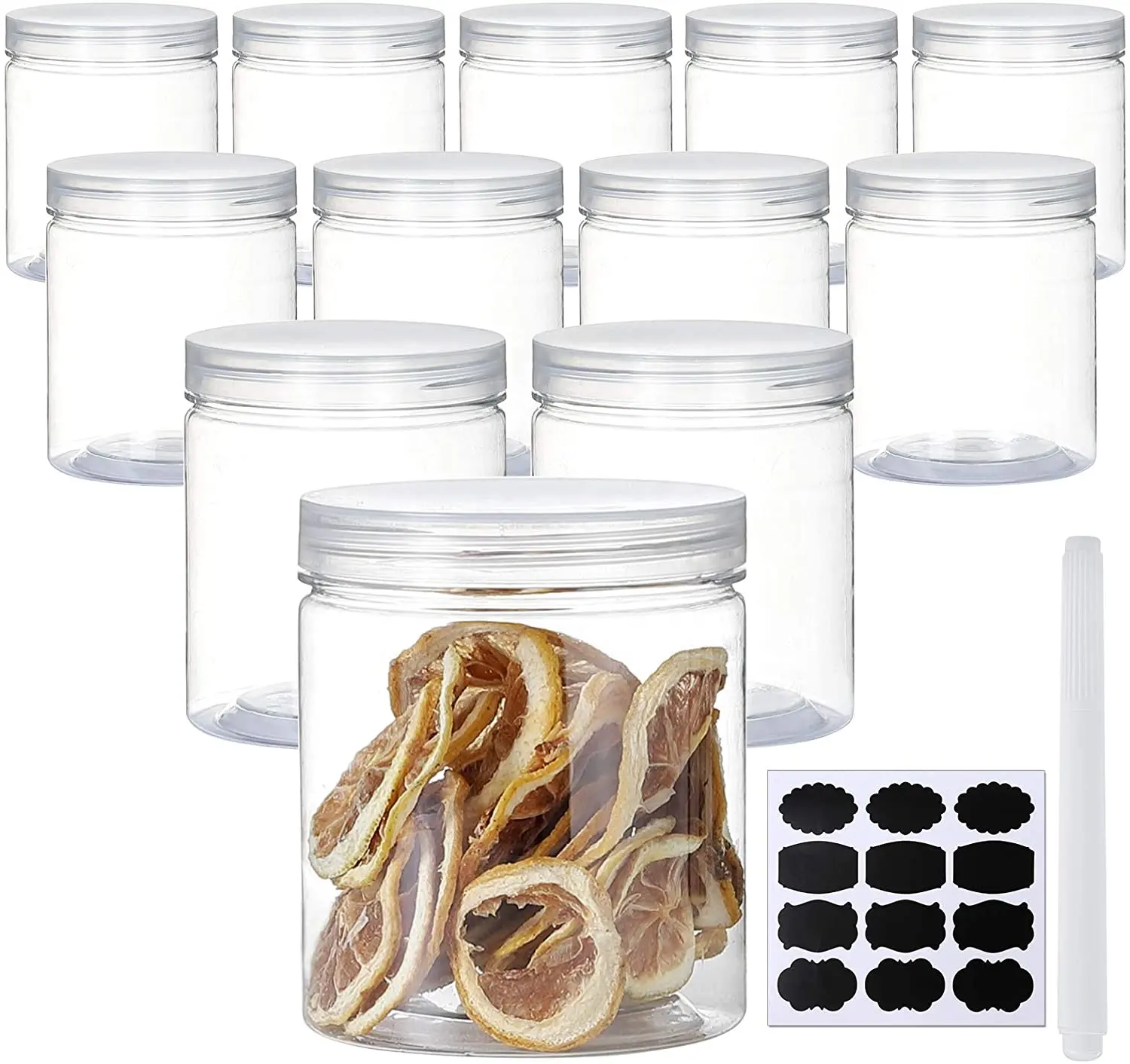 16oz Clear Plastic Jars w/Domed Lids BPA Free PET Stackable Straight Sided Canisters for Bathroom & Kitchen Storage of Dry Goods