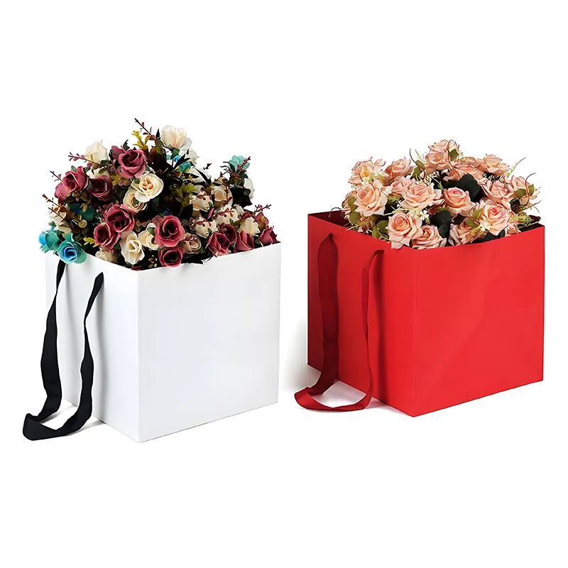 Sacos de papel para buquês de flores com logotipo dourado para compras quadradas Lipack