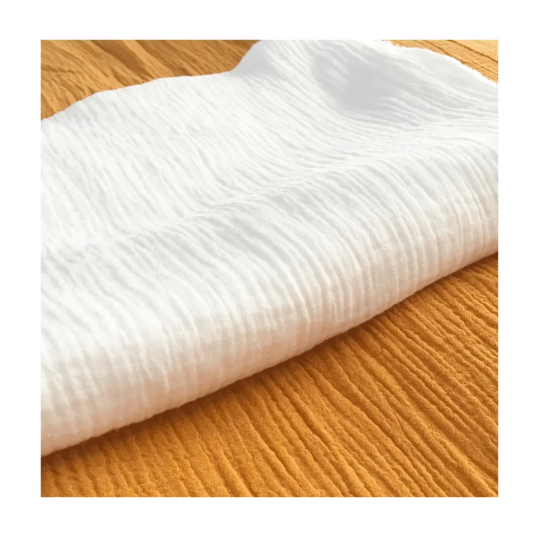 wholesale custom double layer 100% cotton crinkle wrinkle gauze crepe solid color muslin fabric for baby clothing