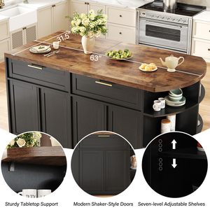 Isla de Cocina Negra Moderna SENYU con Cubierta de Madera Oscura, Estante Curvo, Gabinete de Almacenamiento, Diseño Multifuncional - Product Image 4