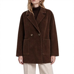 Manteau classique en daim marron pour femme 2026, style blazer, revers crantés, boutonnage frontal, poches, idéal pour l'automne - Product Image 3