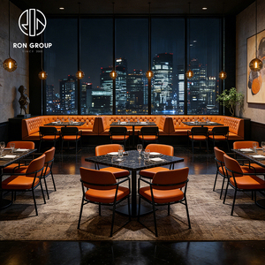 Muebles Modernos para Restaurantes de Hotel, Mesa de Mármol Negro con Silla de Madera, Asientos de Banqueta Tapizados en Cuero Naranja para Cafetería - Product Image 2