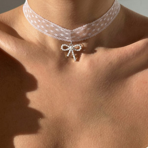 Fashion Lace Choker Necklaces for Women Imitation Pearl Bowknot Pendant Clavicle <strong>Chain</strong> Accessories - Product Image 1