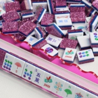 Jeu de Mahjong Américain Unique en Acrylique Scintillant Thème Flamant Tropical de Plage, Tuiles de Mahjong en Acrylique Pailleté, Prêt à Expédier