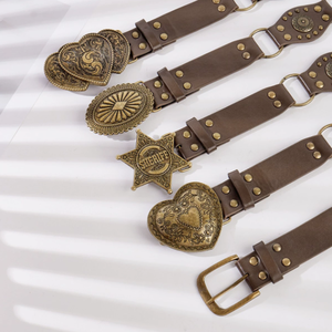 Wholesale Vintage Women's PU Leather with <b>Studs</b> Concho Cool Chain Alloy Buckle Boho Chic Fashion Style Versatile Belt - Product Image 1