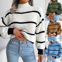 Pull ample décontracté pour femme en maille acrylique respirante, col semi-montant, manches lanternes, idéal pour l'hiver