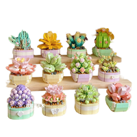 9 Pcs Set Blok Bangunan Mini Bunga dalam Pot Mawar Lily Daisy Lavender Model Tanaman dari Bata dengan Dudukan Kayu Dekorasi DIY Hadiah