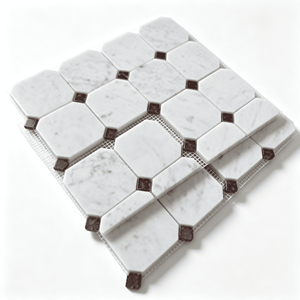 Mosaïque de marbre blanc Carrara octogonal 300x300mm, dos en filet, avec copeaux de marbre brun rouge pour salle de bain, cuisine et intérieur. - Product Image 1