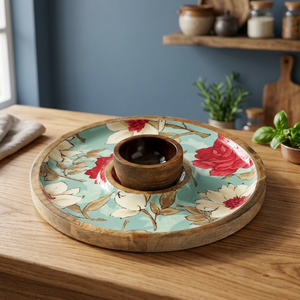 Modern Round Floral Wooden Handicraft Multi-Functional Serving Tray <b>Tea</b> Coffee Food Platter <b>Decorative</b> Dining Home <b>Party</b> Table - Product Image 4