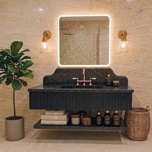 Meuble-lavabo flottant de luxe en marbre Nero Marquina avec vasque intégrée, façade cannelée, armoire de salle de bain personnalisée en pierre, durable et écologique - Product Image 4