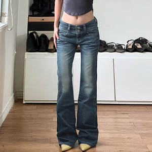 Jean évasé en denim délavé pour femme, taille basse, boutonnage frontal, taille large, coupe ajustée, style décontracté urbain, pantalon tendance - Product Image 3