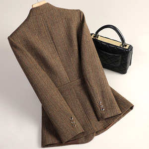 Women's Wool Blazer Coffee Color Belted Slim Fit Autumn Winter 2024 Anti-Wrinkle Pocket Design - Product Image 3