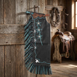 Chaps de Rodeo Professionnels RANCHOS RANGE Personnalisés en Cuir Tressé Lesté, Taille Haute, Unisexe, Noir, avec Incrustations Florales Teal et Étoiles sur le Jourtier, Modèle Complet - Product Image 3