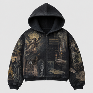 Sweat à capuche zippé en coton gaufré avec motif artistique Renaissance, coupe courte et ample, manches à empiècements, style streetwear, personnalisé pour homme - Product Image 1