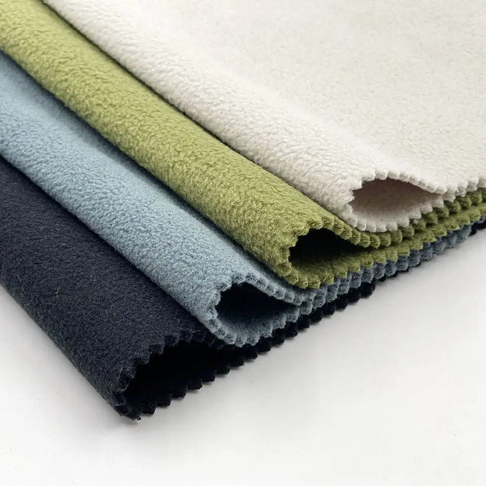 Tecido de lã polar de poliéster, malha super macia, lado duplo, escovado, anti comprimento, cores sólidas personalizadas, 100%