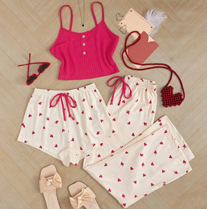 Pijama de 3 Piezas con Estampado de Corazones Lindos, Camisola, Shorts y <span class=keywords><strong>Pantalones</strong></span> Largos, Pijamas para Mujer - Product Image 2