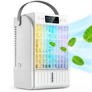Ventilador Enfriador Portátil Blanco 4 en 1, 4 Velocidades de Viento, 2 Modos de Nebulización, Luz LED RGB de 7 Colores, Alimentación por CC para Uso en el Hogar o Garaje - Product Image 2