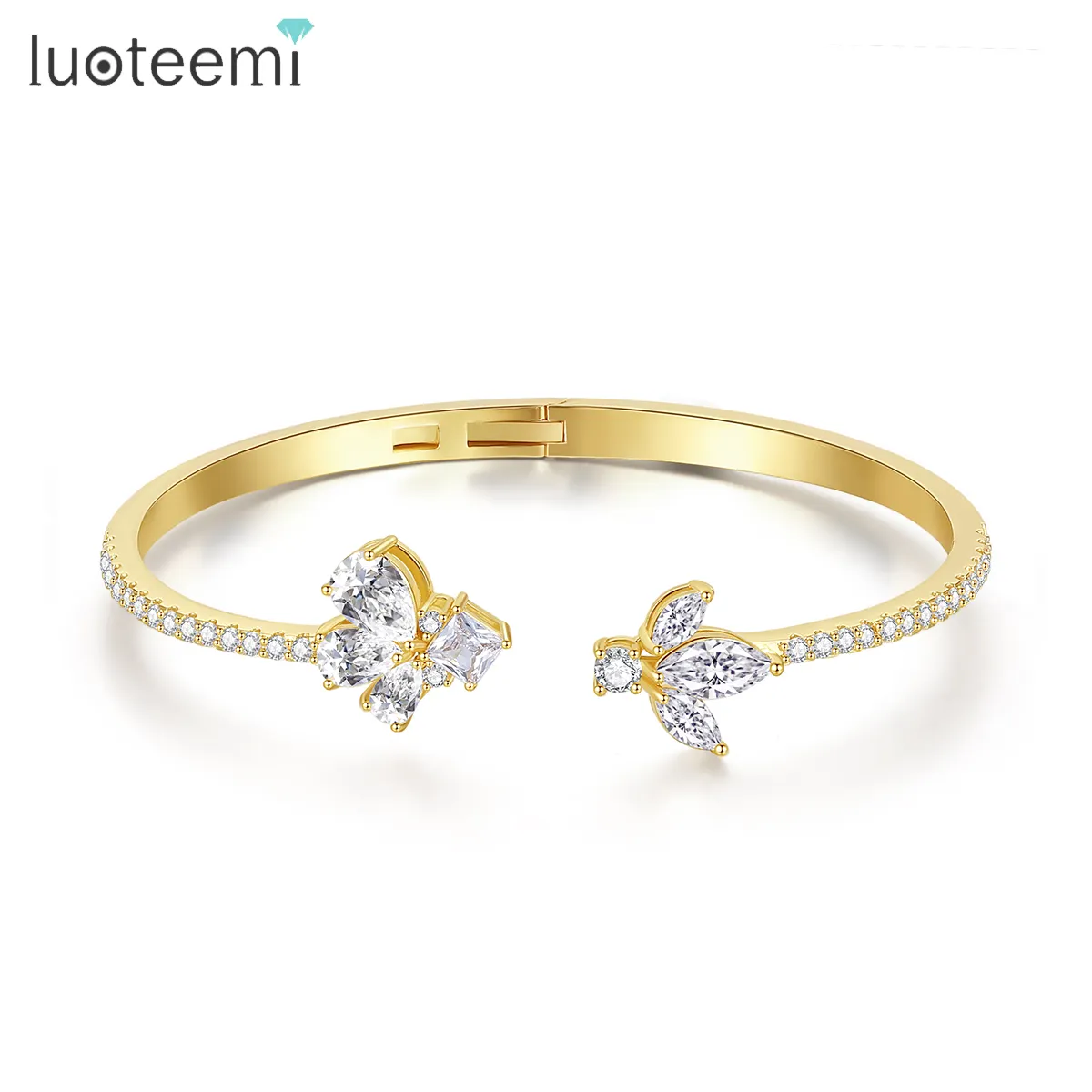 LUOTEEMI Woman Luxury Gold Plated Jewelry Chunky Adjustable Flower Cuff Charm Metal For Girl Open Bangle