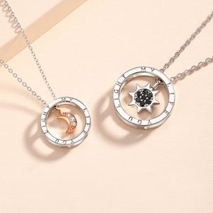 Collier romantique pour couple en argent, pendentif cercle soleil et lune avec diamants, pour homme et femme - Product Image 3