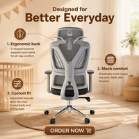 Chaise de bureau ergonomique en maille, dossier haut, pivotante, réglable en hauteur, appuie-tête 3D réglable, support lombaire, cadre en chrome PP
