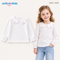 T-shirt personnalisé pour filles, broderie lapin, col Peter Pan, manches longues, sous-vêtement, tee-shirt en coton pour tout-petits et enfants, haut pour enfants OEM ODM