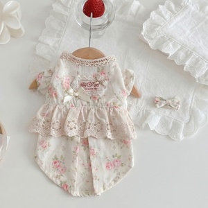 Vestido de Verano para Mascotas con Estampado <span class=keywords><strong>Floral</strong></span> Crema, Adorno de Encaje, Lazo y Botones Traseros para Perros Pequeños Bichón Frisé - Product Image 1