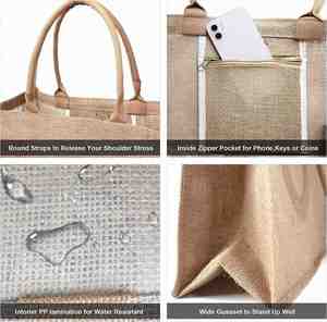 Sac cadeau en toile de jute avec poche intérieure zippée, sac de plage en jute, sac fourre-tout pour le shopping - Product Image 4