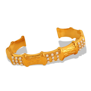 Bamboo Joint <b>Bracelet</b> Gold Tone <b>Crystal</b> Rhinestone Inlay Unisex Fashion Jewelry - Product Image 5