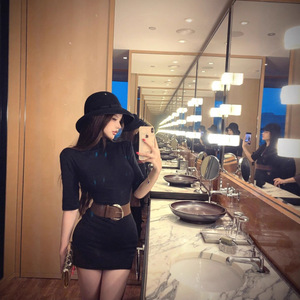 Black Turtleneck Mid Sleeve Dress Women Fitted Waist Slim Fit Solid Color Office Casual Mini Skirt JY 8378 - Product Image 2