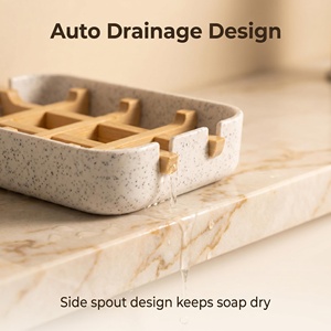 Porte-savon en résine à motif marbré bambou avec grille de drainage amovible en bambou naturel pour lavabo et douche de salle de bain - Product Image 5