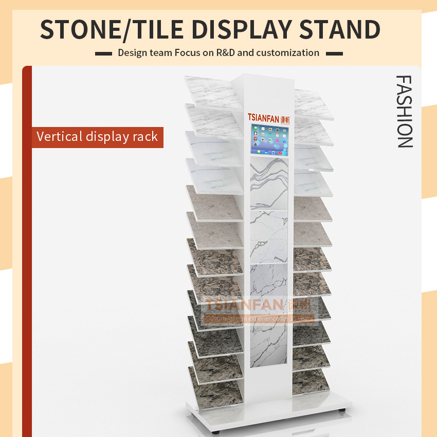 Factory direct floor-standing marble slab natural stone tile panel exhibition hall quaraz metal granite display stand