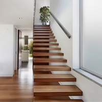 Moderne freitragende Holztreppe für den Innenbereich mit rahmenlosem Glasgeländer und offenem Treppenstufen-Kit für Villen