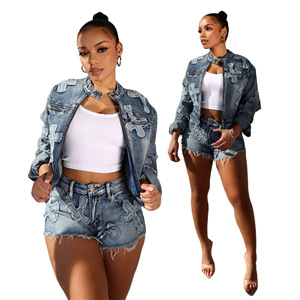 FS13003D 2024 Printemps Offre Spéciale Femmes Jean Vestes Cross Denim Shorts Costumes - Product Image 5