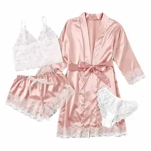 Factory Direct Sales Women Girl 4 Pcs Women Satin Robes Nightgown Set