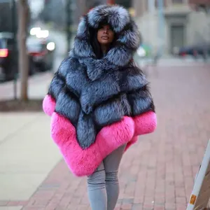 STRAWBERRY 고품질 단색 리얼 모피 판초 패션 가죽 캡파 후드 여성 자켓