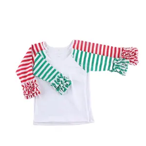 Kerst icing shirt kinderen rode streep wit body raglan flutter t-shirts meisje Kerst ruche raglan 6y