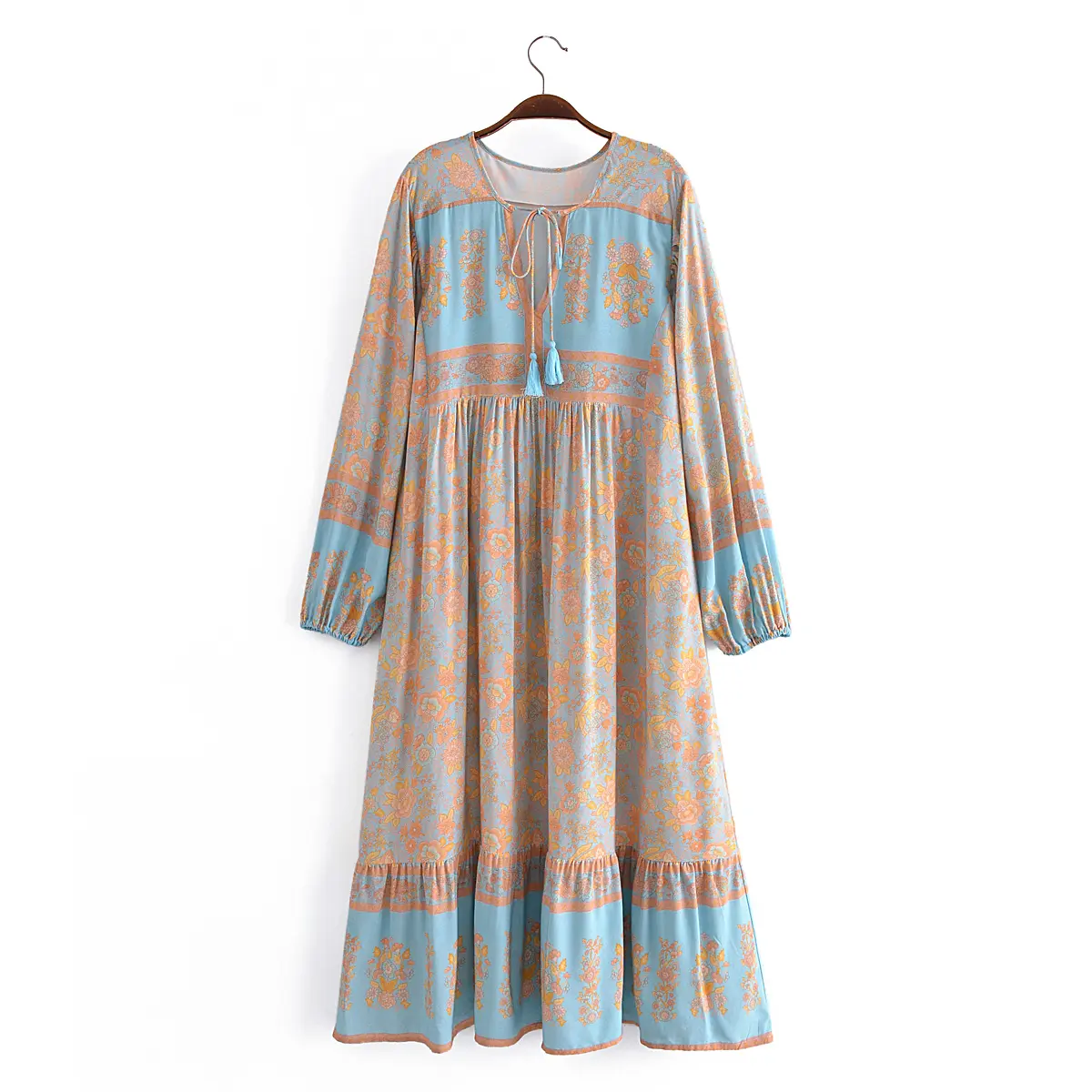 Abito lungo bohemien casual da donna multicolore con stampa floreale a maniche lunghe con lacci sul davanti di alta qualità