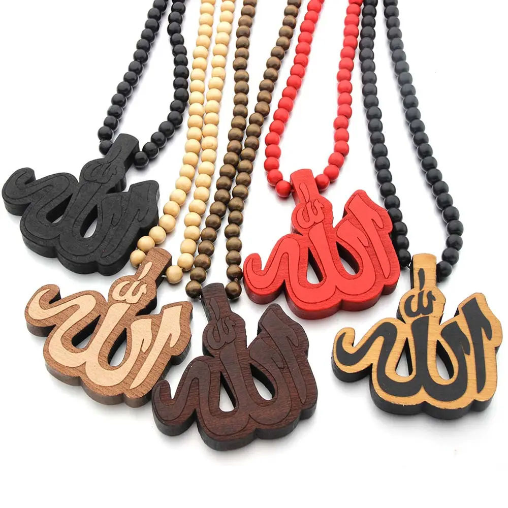 Factory Wholesale Price Hip Hop Wood Bead Muslim Allah Pendant Necklace for Women men