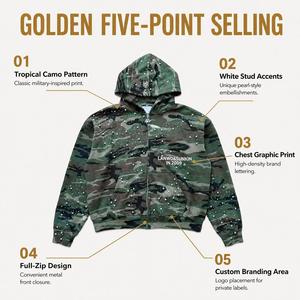 เสื้อฮู้ดซิปหน้าลายกราฟิก Camo Stud สไตล์สตรีทแวร์สำหรับผู้ชาย ทรงโอเวอร์ไซส์ พร้อมกระดุมแบบมุกและลาย Fu - Product Image 6