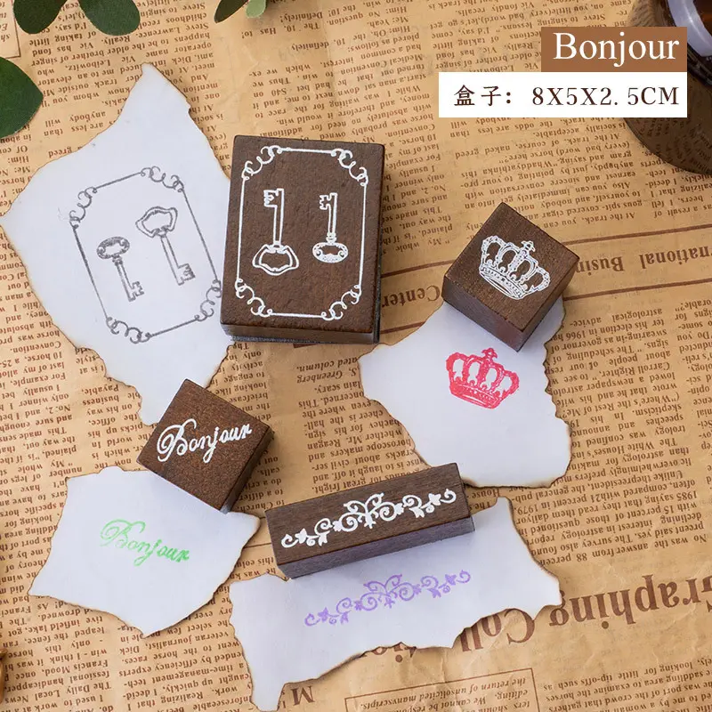 STICKERS PUNK 4 Pcs/set Vintage French Word Lace Pattern Wooden Rubber Stamps with Box for DIY Craft Card and Photo Album 05163
