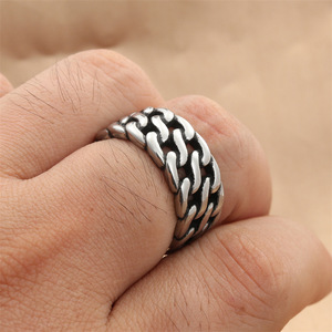 Men's Titanium Steel Chain <b>Ring</b> <b>Silver</b> Retro Punk Style Geometric Design 280626 - Product Image 4