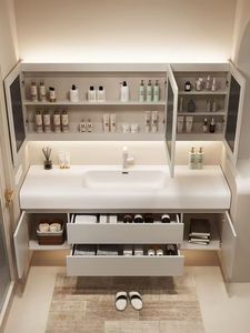 Armadietto da bagno moderno in stile crema da 120cm con specchio a LED multifunzionale e Design a bacinella integrato in Corian - Product Image 2